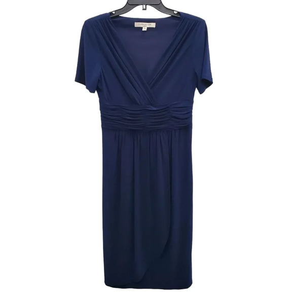 Evan-Picone Women's Navy Blue Shirred Waist‎ Short Sleeve V-Neck Evening Dress 6 - Picture 1 of 4